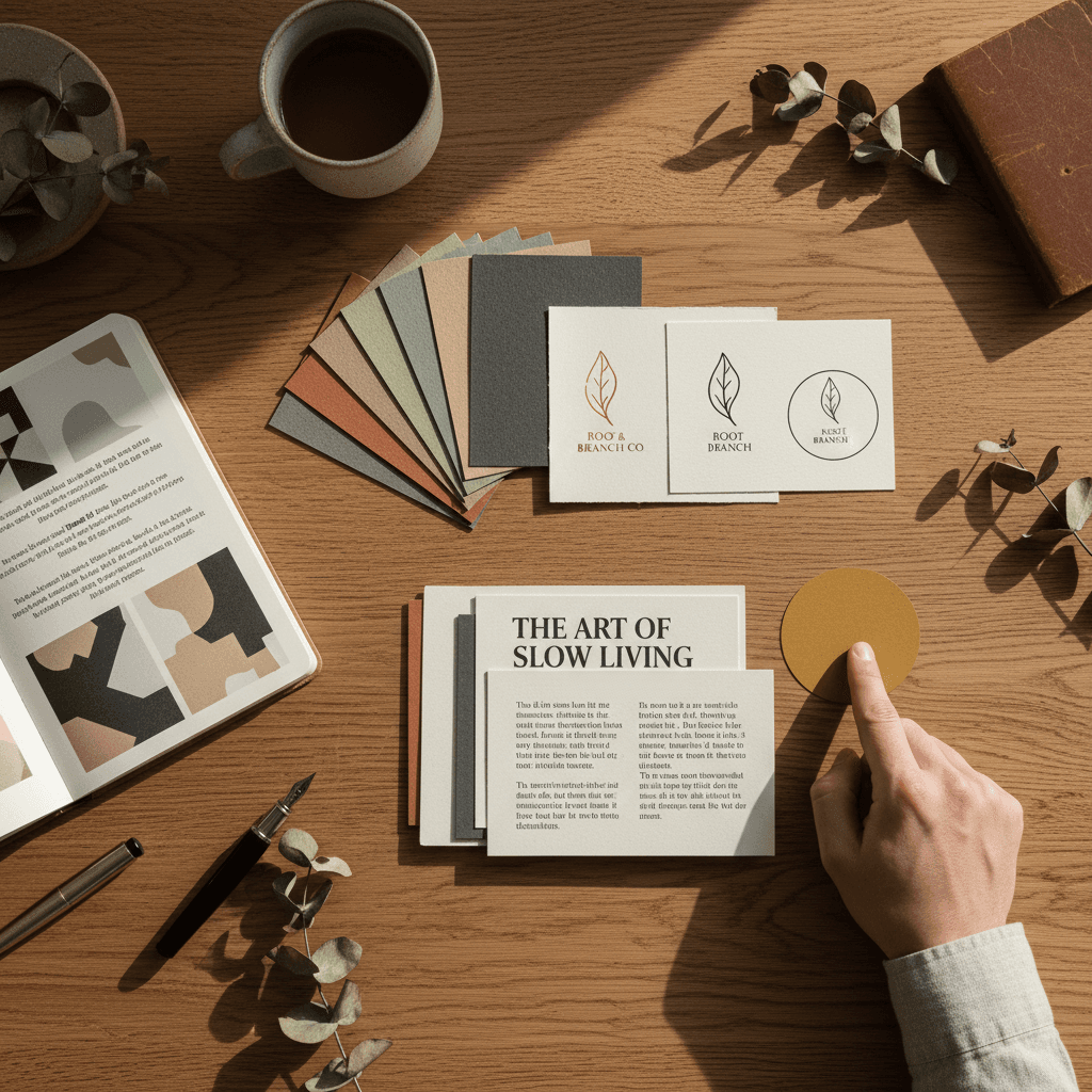 Brand identity design materials and color swatches