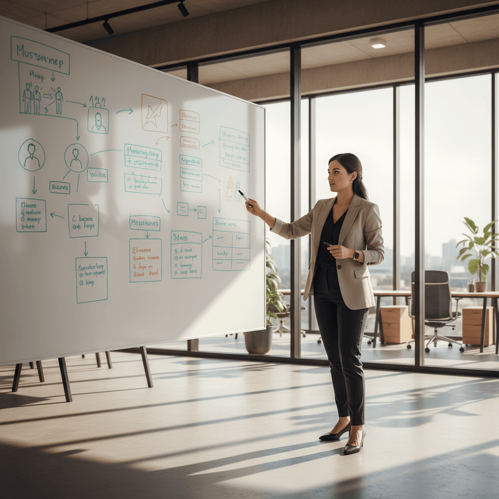 Marketing strategist planning campaign strategy on whiteboard