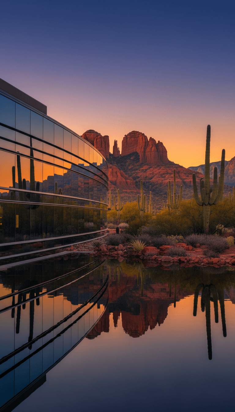 Red rock mountains and saguaro cacti reflected in a glass building and pond at sunset.