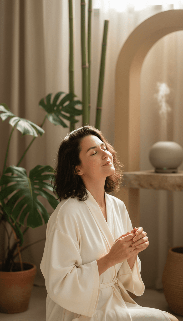 Person in peaceful moment of self-care within a serene wellness environment with warm, diffused lighting