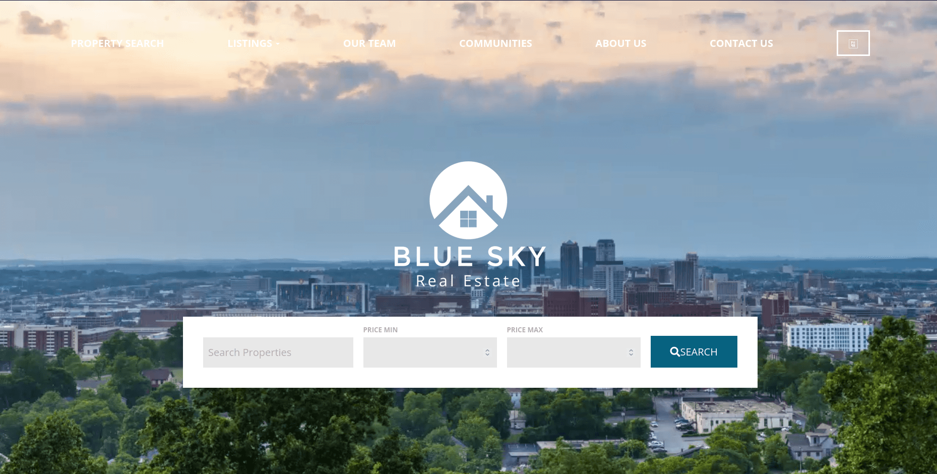 Blue Sky Real Estate homepage featuring a city skyline background and property search bar.