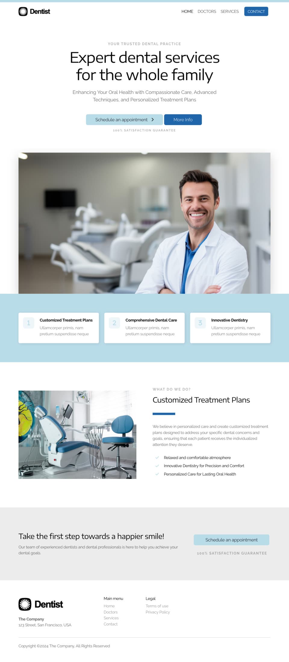 Dental practice website homepage featuring a smiling dentist, service highlights, and appointment scheduling buttons.