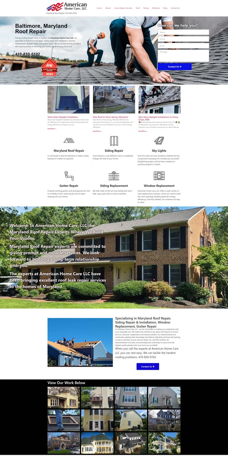 American Home Care, LLC website featuring Maryland roof repair, siding, and window replacement services.