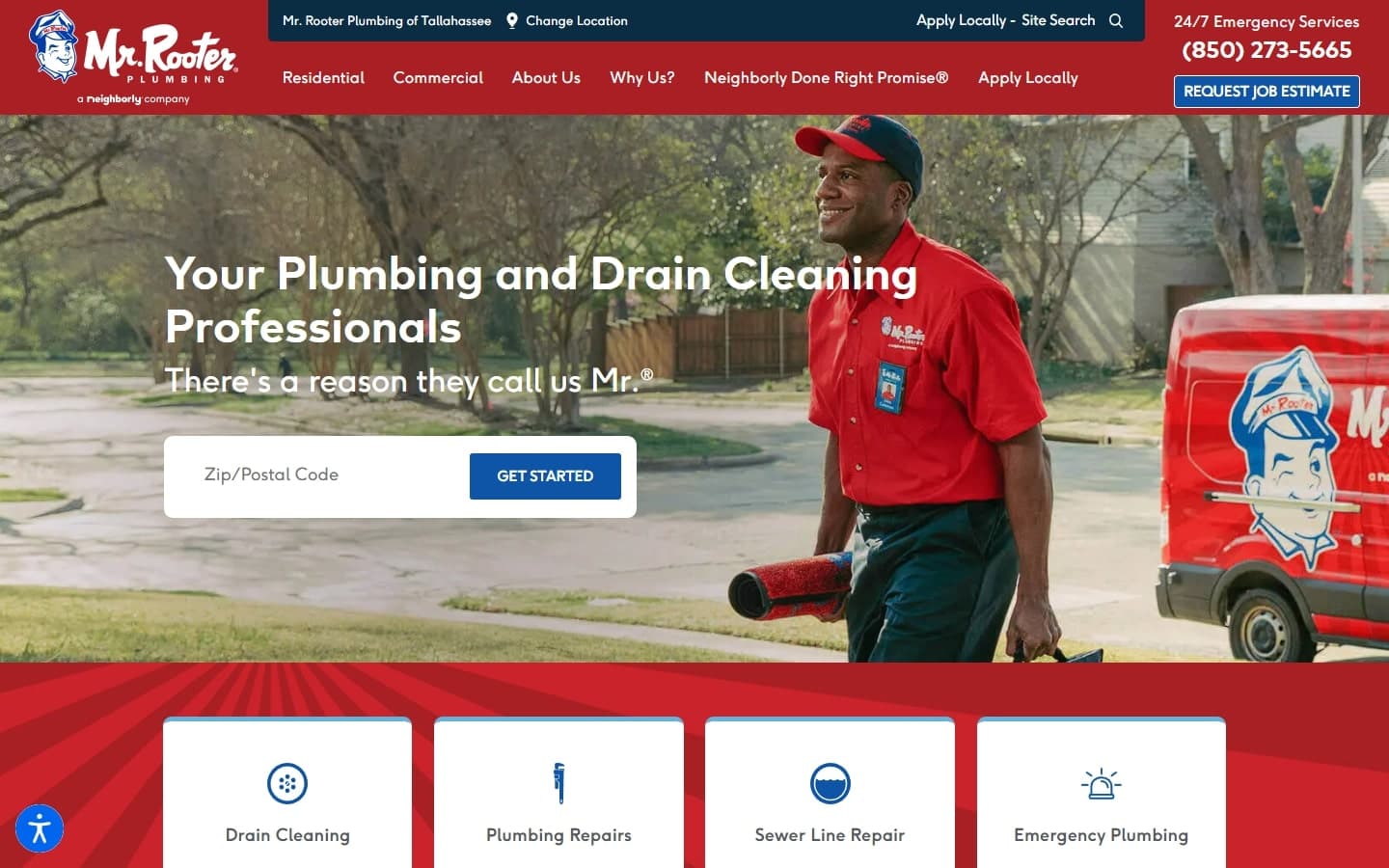 Professional Mr. Rooter plumber in red uniform walking outside near a branded service van.