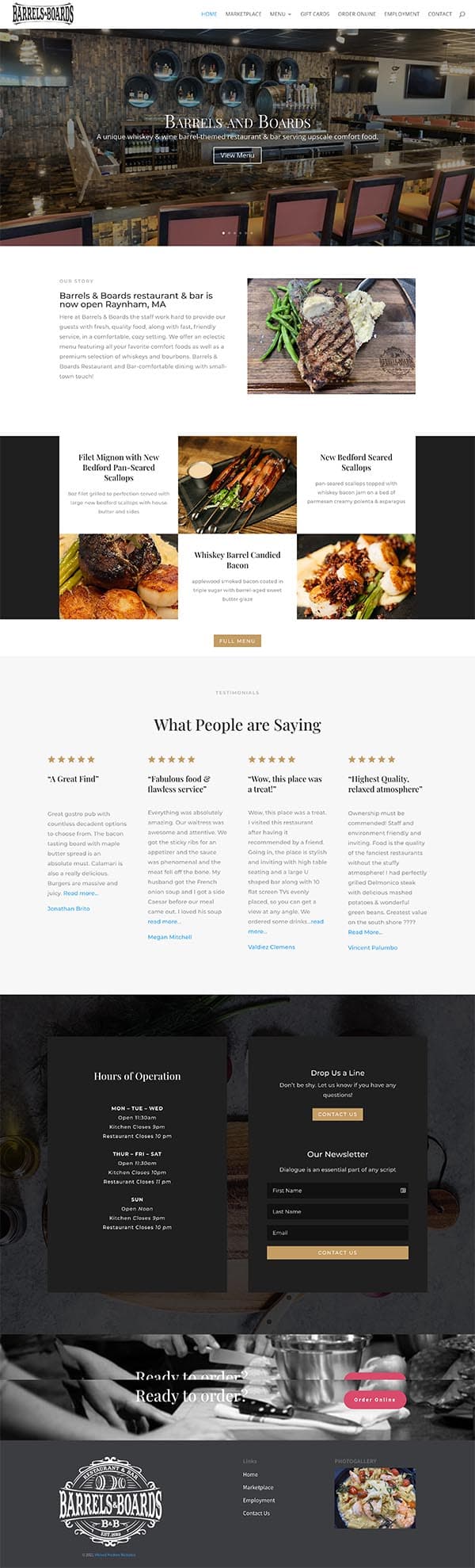 Website homepage for Barrels & Boards restaurant featuring menu highlights, customer reviews, and hours.