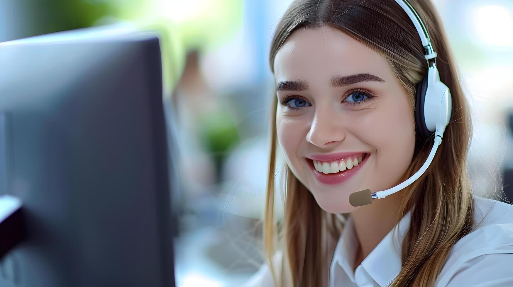 Smiling female customer service representative wearing a white headset in a bright office setting.