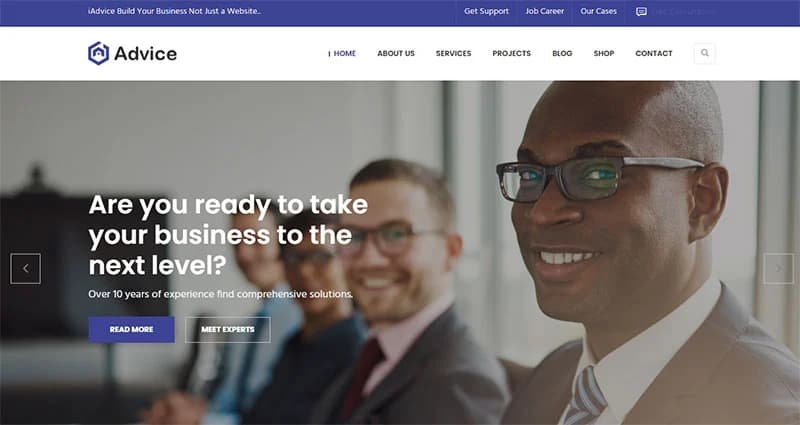 Advice website homepage featuring diverse business professionals and a call to action for business growth.
